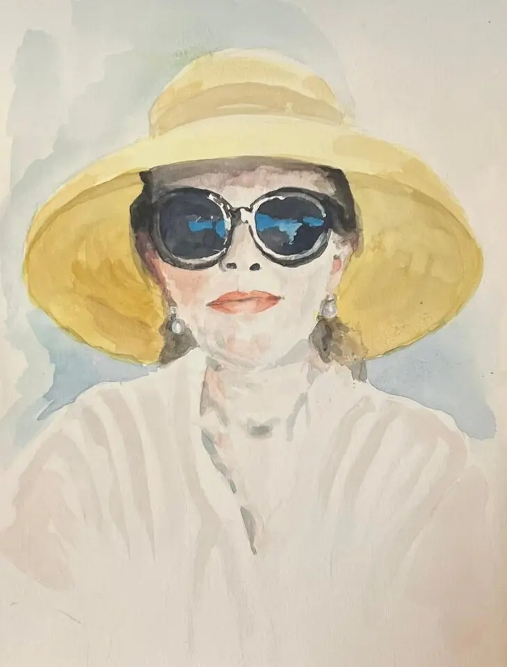 Vrouw met gele hoed, aquarel van Ferry Breugem