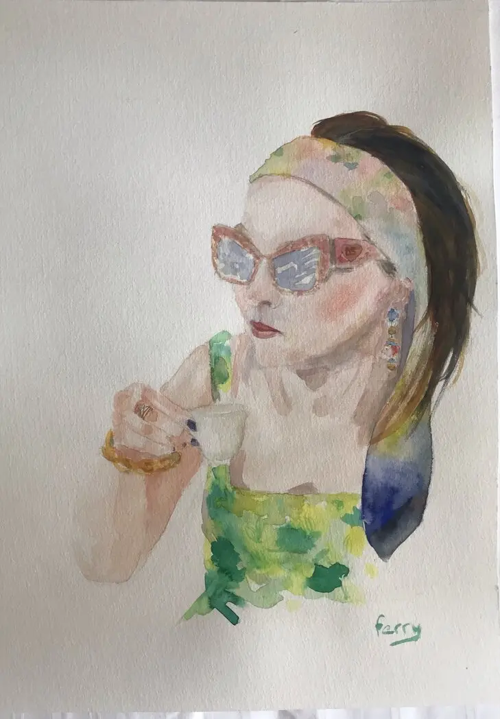 Meisje met hoed, aquarel van Ferry Breugem