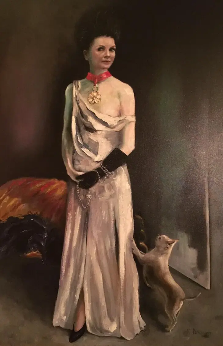Vrouw in avondjapon met hond, olieverfschilderij van Ferry Breugem
