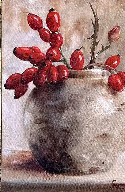 Rozenbottels in aardewerk pot, olieverf van Ferry Breugem
